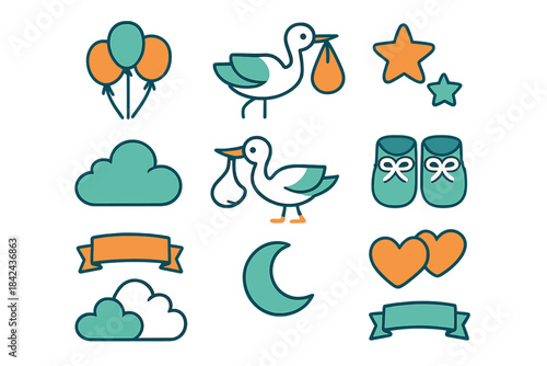 Creative illustration featuring storks with accessories, baby items, and playful symbols on a light background