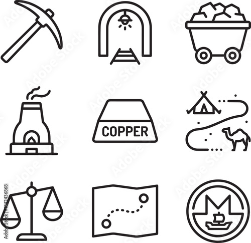 Mining industry vector icons set with tools tunnel smelter copper exploration and trade