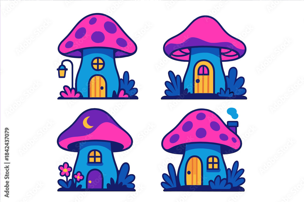 Obraz premium Colorful mushroom-shaped houses in a whimsical design with pastel colors and playful details in a fantasy setting