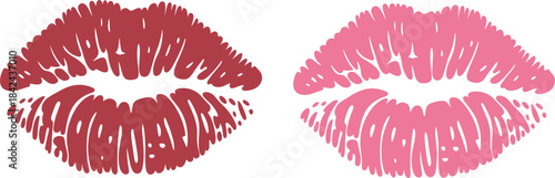 Vector set of two lipstick kiss prints, isolated red and pink lip imprint for beauty and love
