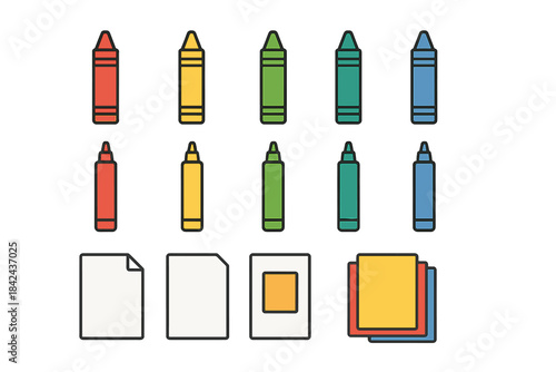 Colorful collection of markers and sheets on a simple background for art and craft activities