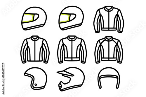 Collection of racing gear including helmets and jackets designed for safety and style in motorsport