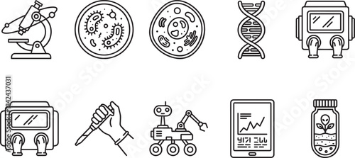 Scientific research vector icons set including microbiology cellular dna astronaut and laboratory equipment