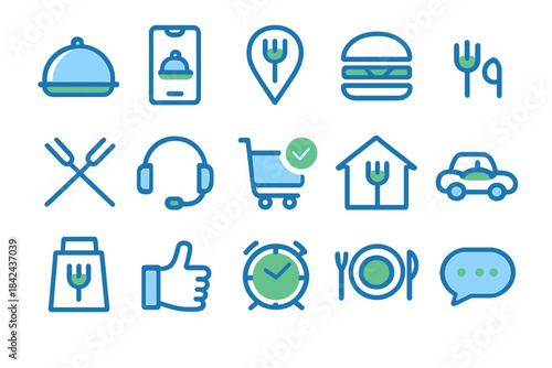Delivery service icons showcasing food, utensils, and communication tools for ordering meals