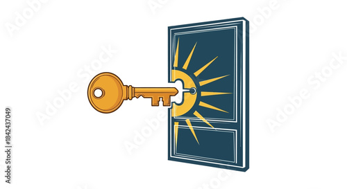 Golden key unlocking a door to a bright new opportunity.