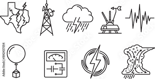Set of eight weather and science related outline icons including texas map
