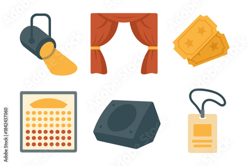 Stage setup with lighting, curtains, tickets, sound equipment, and identification tag for a live performance event