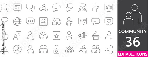 Minimal community icon set featuring people, teamwork, groups, communication, support, collaboration, and social connection for modern projects.