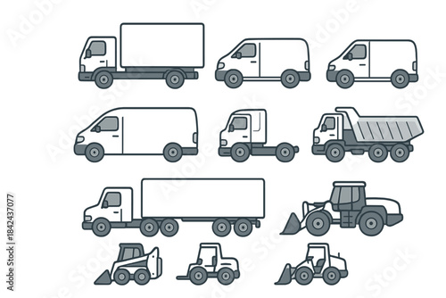Different types of trucks and construction vehicles in simple graphic style with focus on utility and design