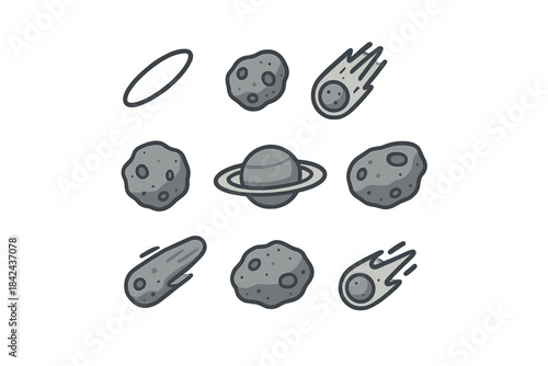 Various celestial objects including asteroids, comets, and a planet orbiting in outer space
