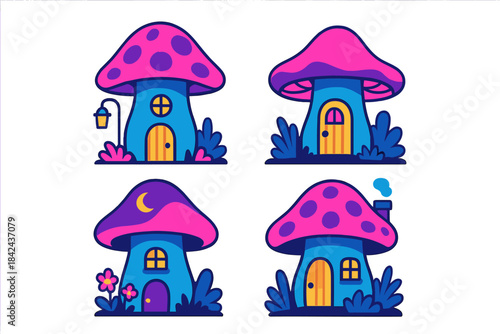 Colorful mushroom-shaped houses in a whimsical design with pastel colors and playful details in a fantasy setting