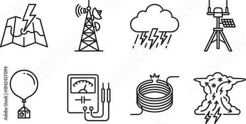 Set of eight weather and science related outline icons on transparent background