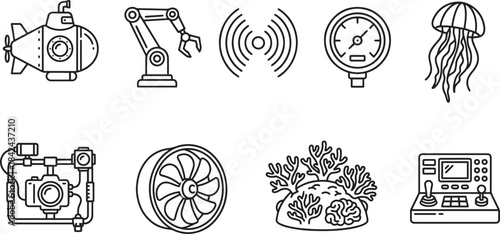 Underwater exploration line icons featuring a submarine robotic arm jellyfish and coral