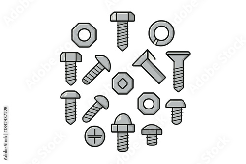 Collection of various screws and bolts arranged in a circular pattern on a plain background