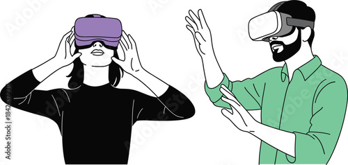 People wearing VR virtual reality headsets, black and white vector illustration of future gaming technology