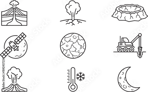 Volcano and space icons with eruptions, craters, planets, and exploration vehicles