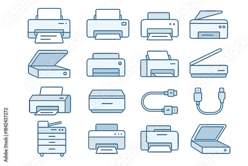 Various types of printers and scanners displayed in a grid format with their unique features highlighted