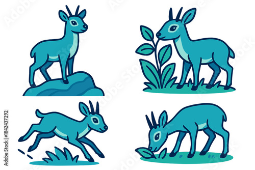 Different poses of a blue cartoon goat enjoying nature and exploring its surroundings in a playful and vibrant style