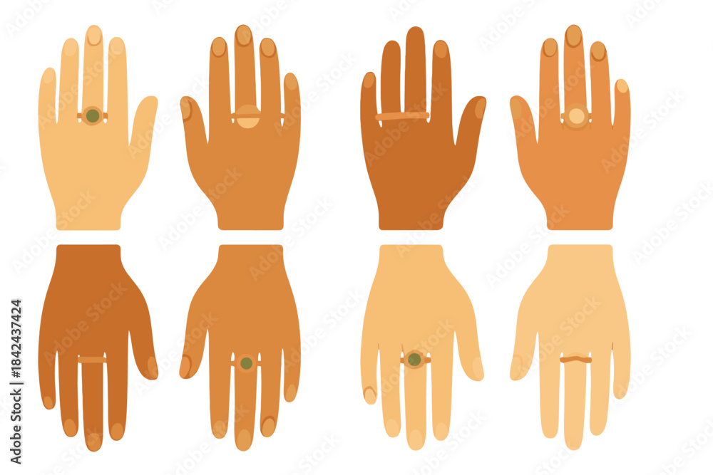Obraz premium Diverse hands wearing rings showcase unity and individuality in a colorful display of accessories and skin tones