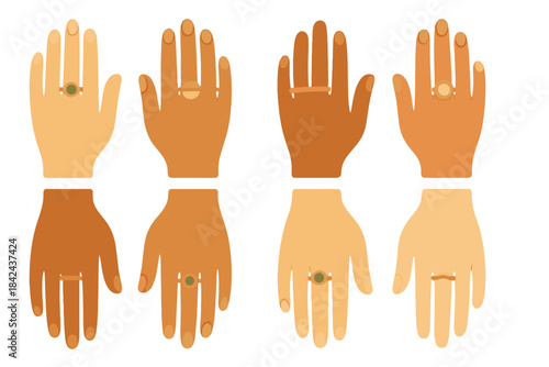 Diverse hands wearing rings showcase unity and individuality in a colorful display of accessories and skin tones