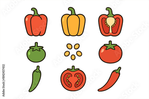 Colorful collection of bell peppers, tomatoes, and chili peppers arranged in a grid pattern