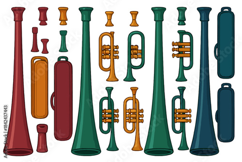 Various brass instruments and accessories displayed in different colors and designs for musical performances and education