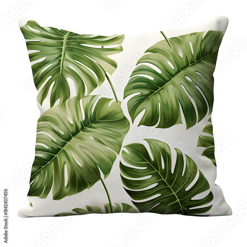 Botanical print pillow with detailed green monstera leaves on white background, tropical home decor, Isolated to Transparent Background