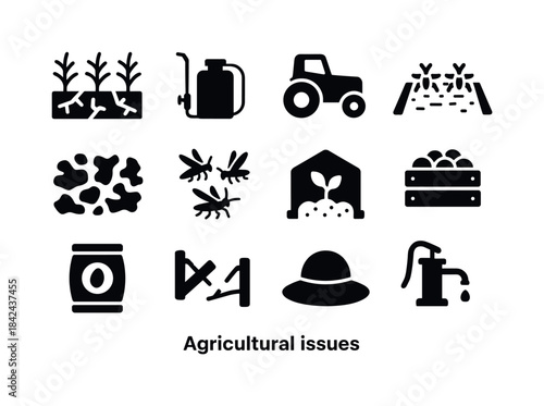 Agricultural Icons Set. Agricultural issues. Solid icon set of A