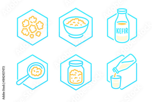 Step-by-step guide to making kefir with ingredients and tools shown in simple illustrations