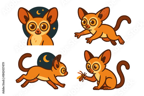 Cute cartoon cats engaging in playful activities under a night sky featuring a moon