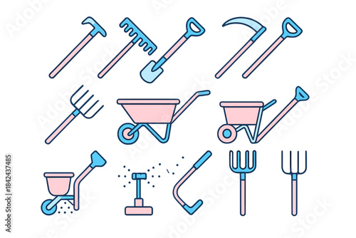 Gardening tools including shovels, wheelbarrows, and rakes laid out for a day of planting in a sunny backyard setting