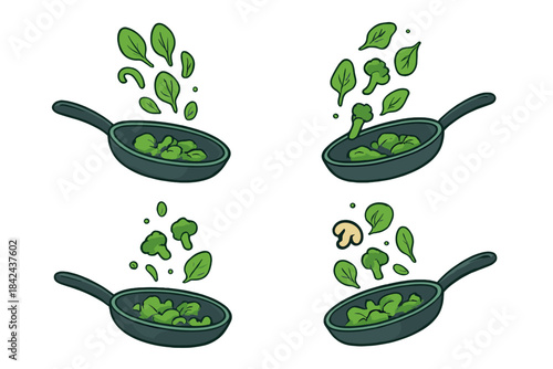 Cooking fresh greens in a frying pan highlights the vibrant colors and nutritious ingredients being prepared