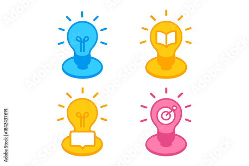 Bright ideas represented through colorful light bulbs showcasing knowledge and creativity in a simple design
