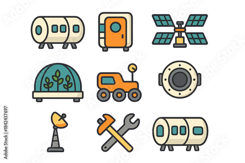 Collection of space-themed icons showcasing habitats, vehicles, and tools for exploration