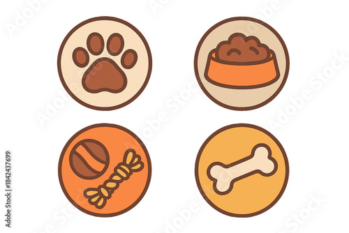 Icons representing pet care essentials including food, toys, and accessories in a playful design