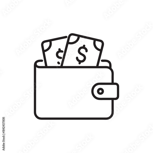 Wallet with cash line icon black and white money in purse symbol for business and finance budget savings payment mobile app and web