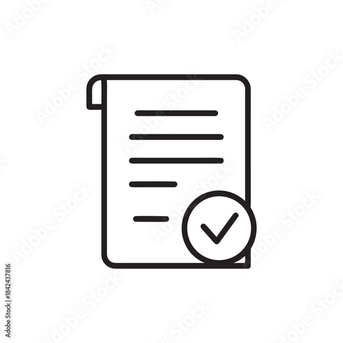 Document with approved check mark icon black and white line art for business and finance concepts