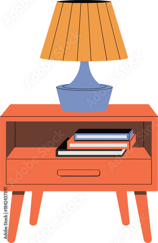 Vector illustration of an orange nightstand with a lamp and stacked books, cozy bedroom furniture design