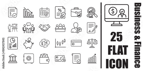 Business and finance outline icons set with charts contracts banking and money management 