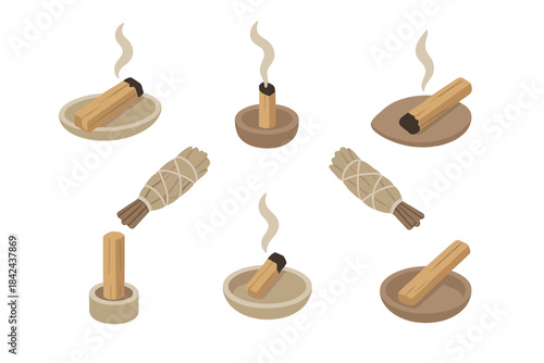Natural incense sticks and bundles releasing fragrant smoke in various holders displayed on a clean background