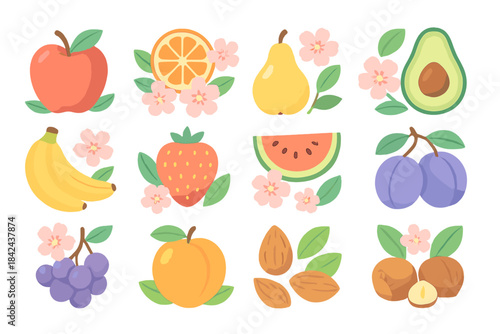 Fruits and flowers arranged in a colorful pattern showcasing variety and freshness