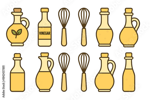 Cooking oils and vinegars displayed with whisks in a simple yet organized layout for kitchen use and culinary applications