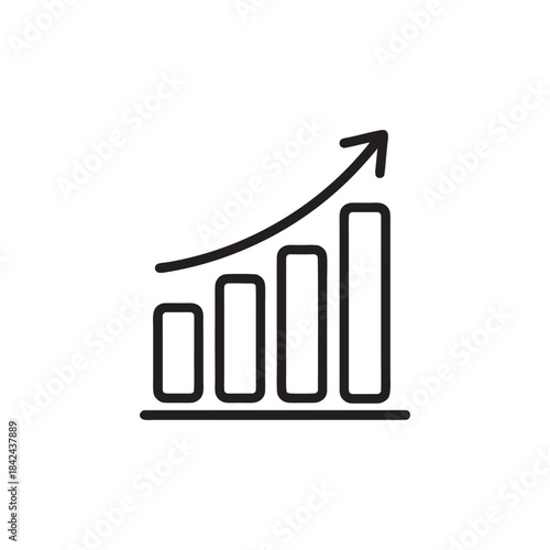 Black and white business growth chart icon with rising bar graph and upward arrow vector illustration