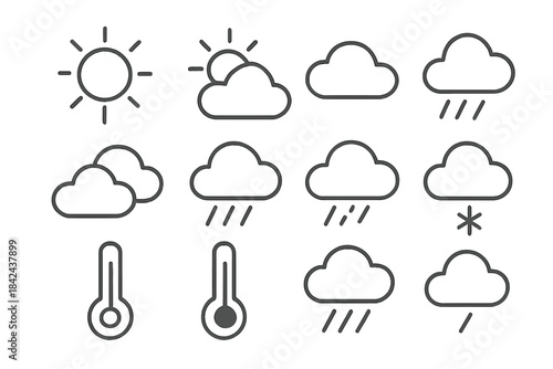 Weather icons showing various conditions including sun, clouds, rain, and temperature symbols