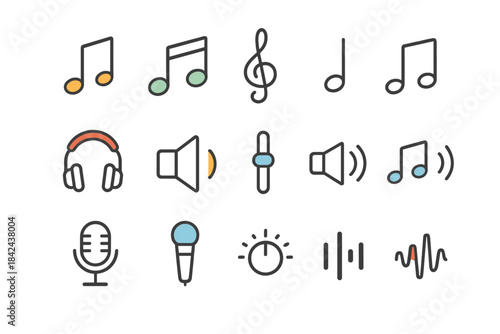 Collection of music themed icons featuring notes, microphones, and headphones in a simple design