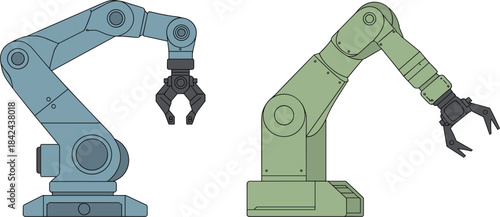 Vector illustration of two industrial robotic arms, automation, manufacturing, and factory technology equipment