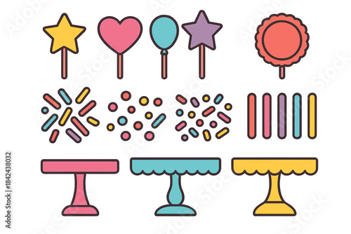 Colorful party decorations and dessert stands for festive celebrations and special occasions