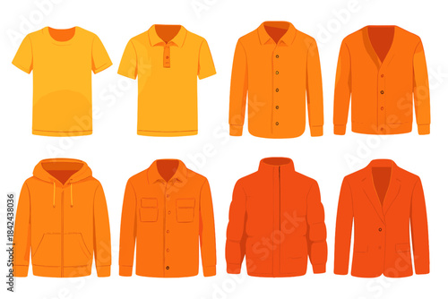 Various styles of clothing in yellow and orange colors for casual and formal occasions