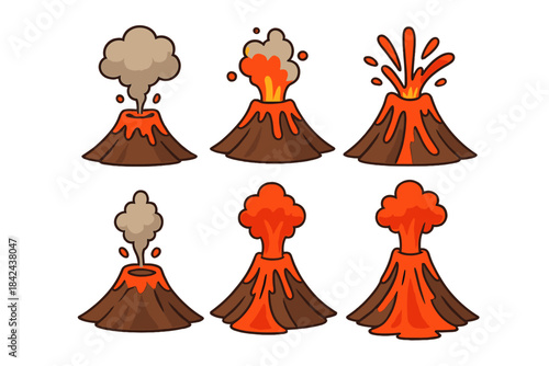 Various stages of volcanic eruption showing smoke and lava flow in a simple artistic style