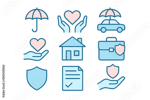 Icons representing different aspects of insurance and protection for life, property, and vehicles in a simple design layout